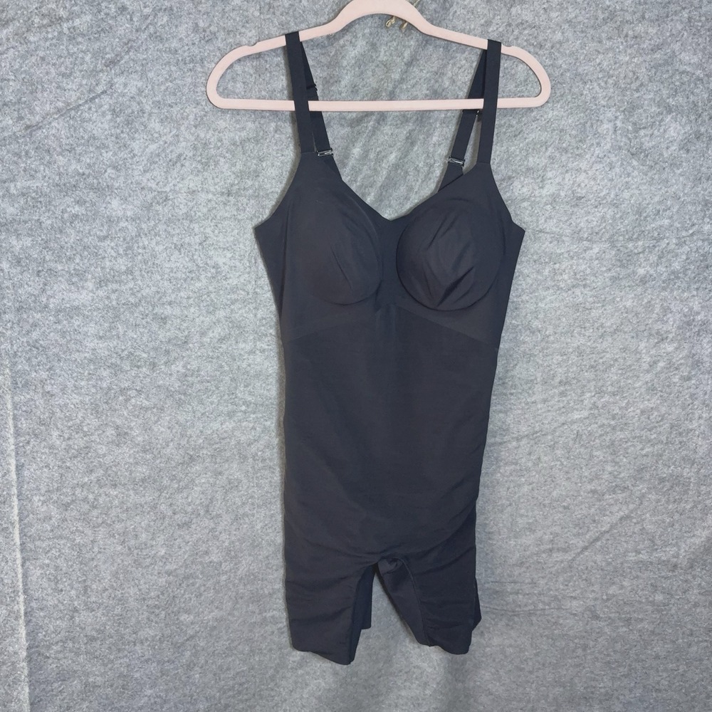 Honeylove Mid Thigh Bodysuit Shapewear Sz‎ XL Black Open Gusset Adjustable